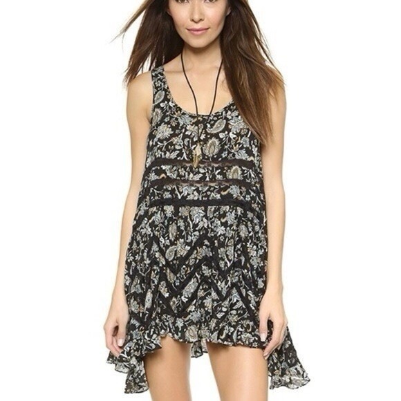 Intimately Free‎ People Swing Dress Floral Print Lace Trim Boho Medium - Picture 1 of 9